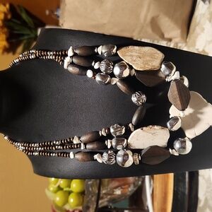 Boho Necklace Wood Silver‎ White Magnesite Stone Beads Layered Statement